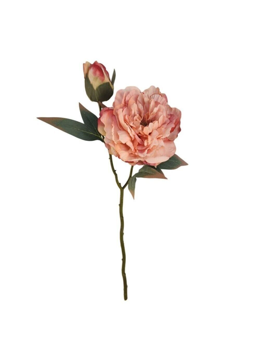 Peach Coral Faux Peony Stem 18 Inch Wedding Artificial Silk Flower Cream Center